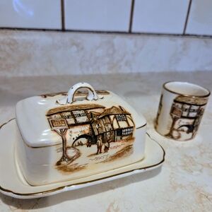 Vintage Butter Cheese Dish & Cup Lancaster & Sandland Ware Hanley England Set